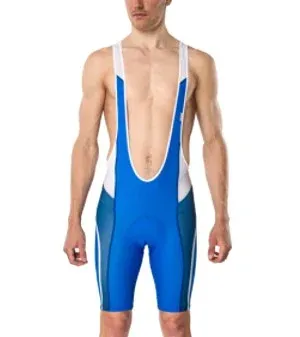 Ein Mann trägt eine blaue und weiße Radhose mit tiefem Rückenausschnitt, die für individuelle Gestaltung bei owayo angeboten wird.