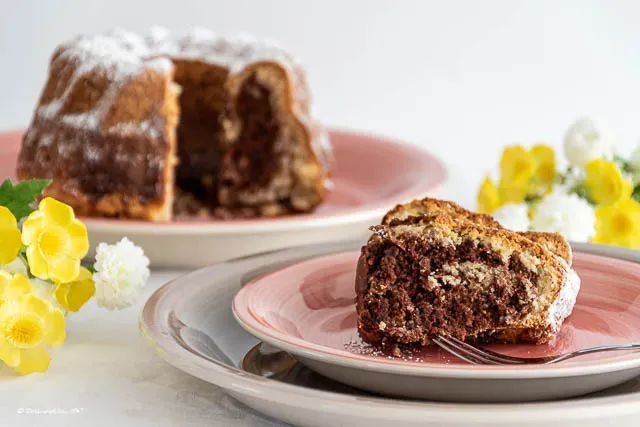 Ein saftiger Marmorkuchen ohne Ei mit Puderzucker bestäubt