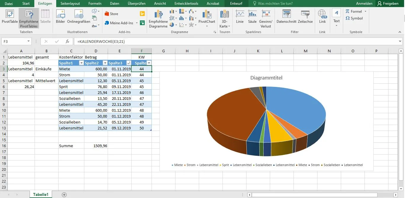 Ein Screenshot, der die Anwendung der KALENDERWOCHE-Funktion in Excel zur Bestimmung der Kalenderwoche zeigt.