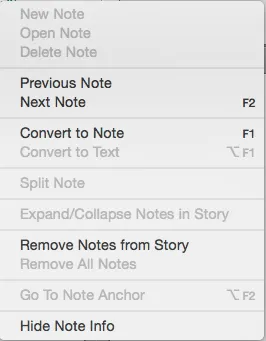 Ein Screenshot des Kontextmenüs für InDesign Notizen mit einer benutzerdefinierten Tastenkombination für "In Notiz umwandeln"