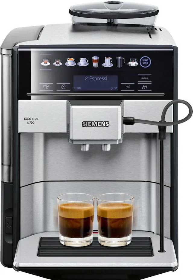 Ein Siemens Kaffeevollautomat mit einem Display, das Einstellungen anzeigt