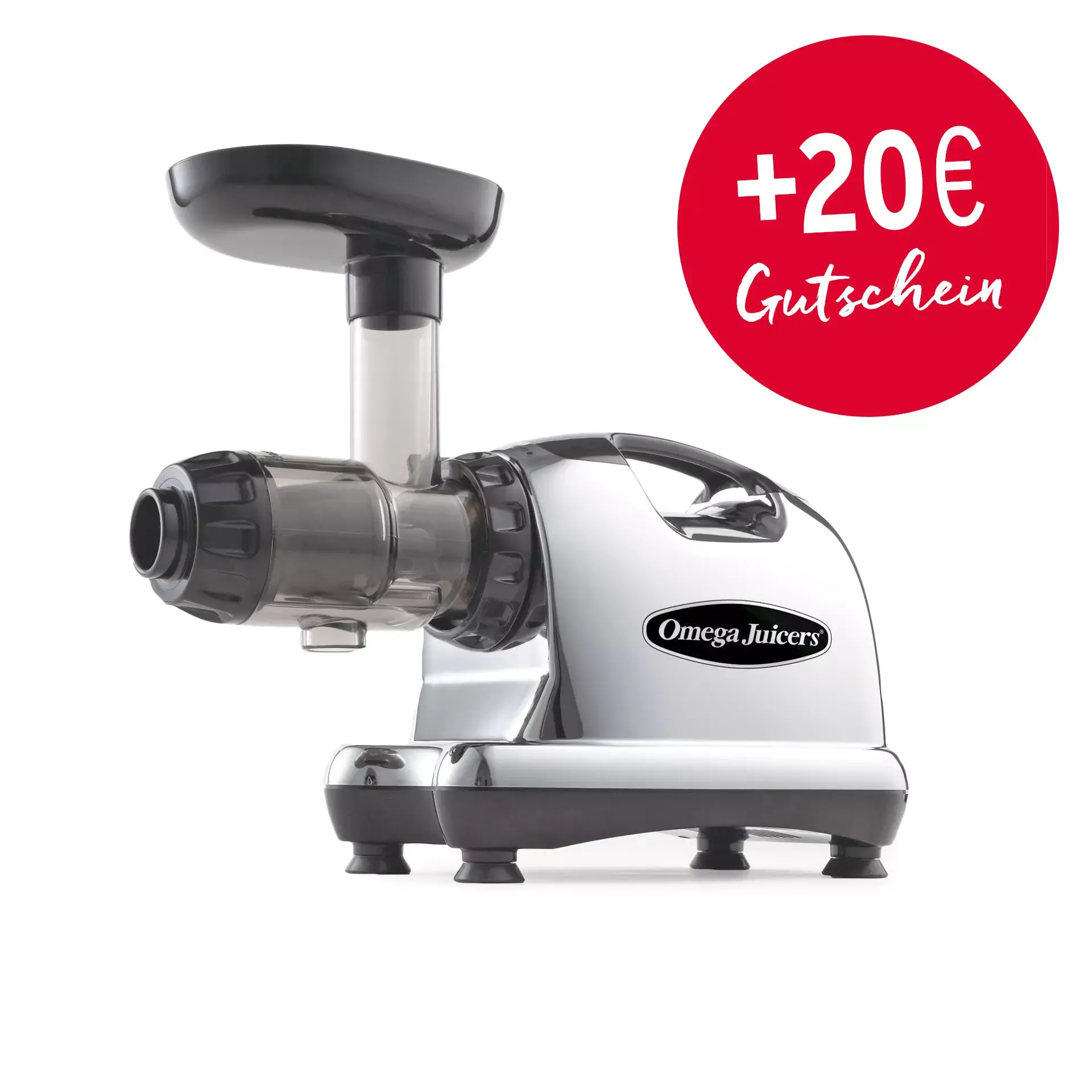 Ein silberner Omega Juicers Entsafter, der für die Zubereitung von Selleriesaft empfohlen wird