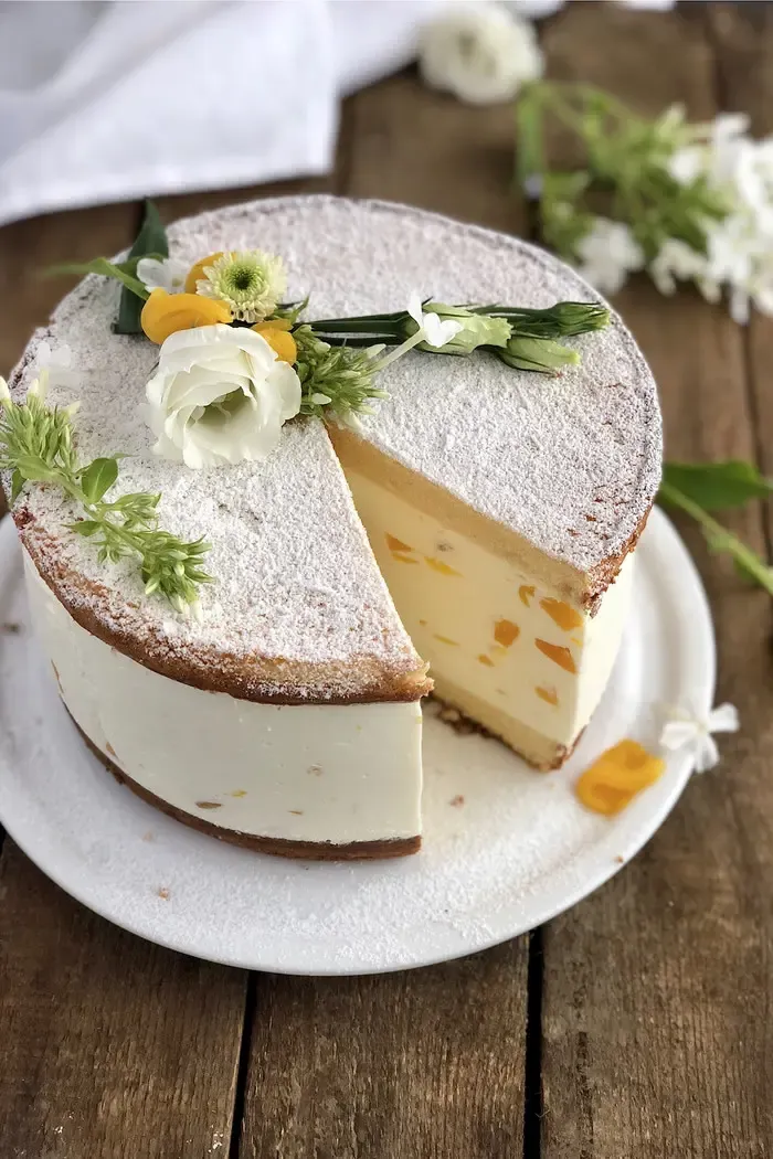 Ein Stück Käse Sahne Torte mit Pfirsichen, perfekt angerichtet