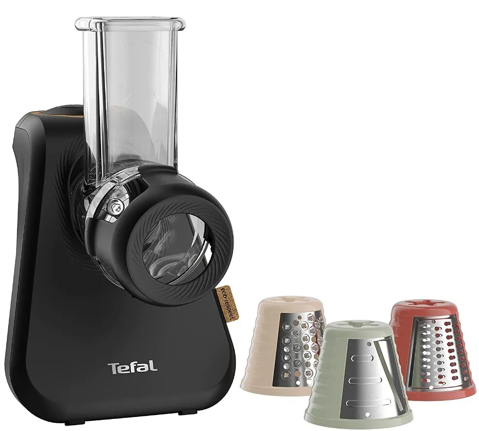 Ein Tefal MB77EN Gemüseschneider in Schwarz mit verschiedenen Aufsätzen