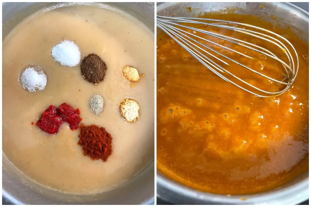 Eine cremige Rahmsoße wird in einem Topf mit Tomatenmark und Gewürzen verfeinert