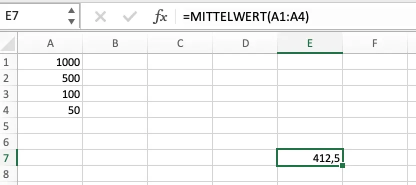 Eine Excel-Tabelle, die die Verwendung der MITTELWERT-Funktion zum Berechnen des Durchschnitts von vier Zahlen in einem Bereich zeigt.