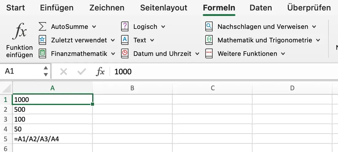 Eine Excel-Tabelle zeigt die zugrunde liegenden Formeln anstelle der berechneten Ergebnisse.