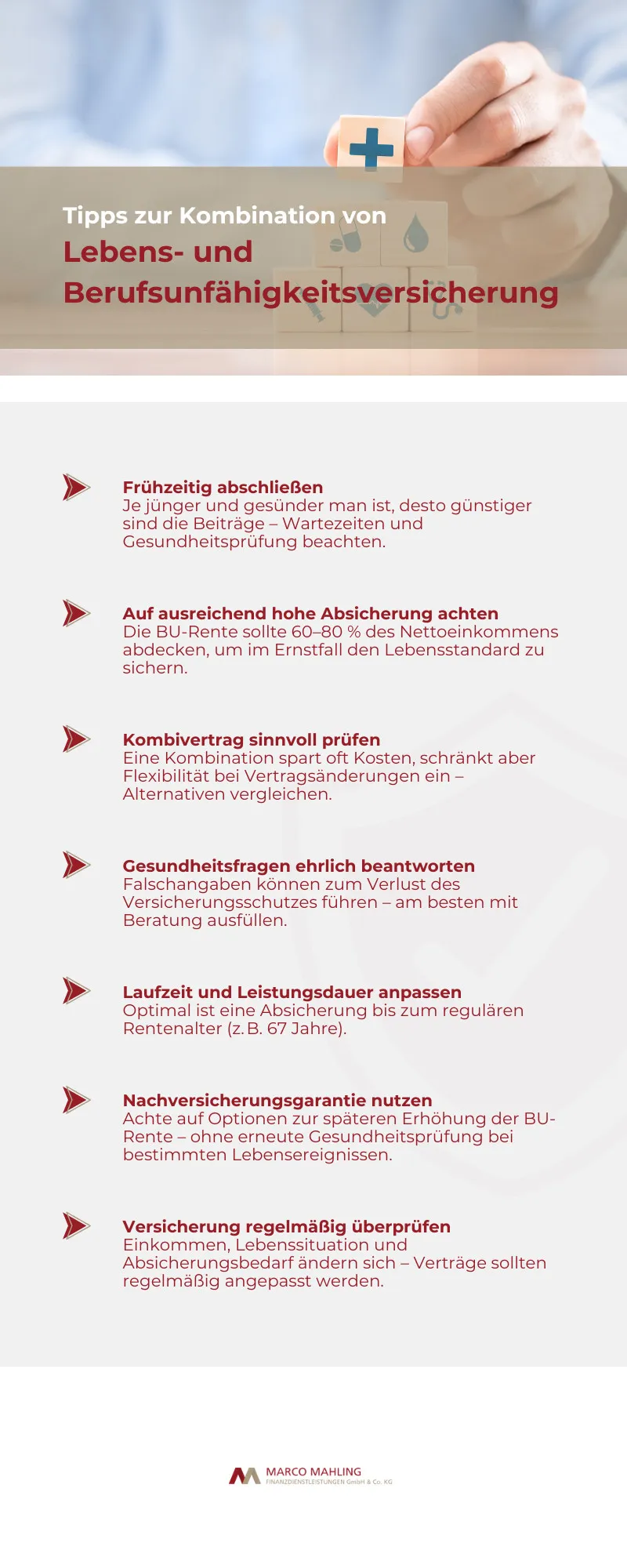 Eine Infografik gibt konkrete Tipps zur Kombination von Lebens- und Berufsunfähigkeitsversicherung, darunter frühzeitiger Abschluss und ehrliche Gesundheitsfragen