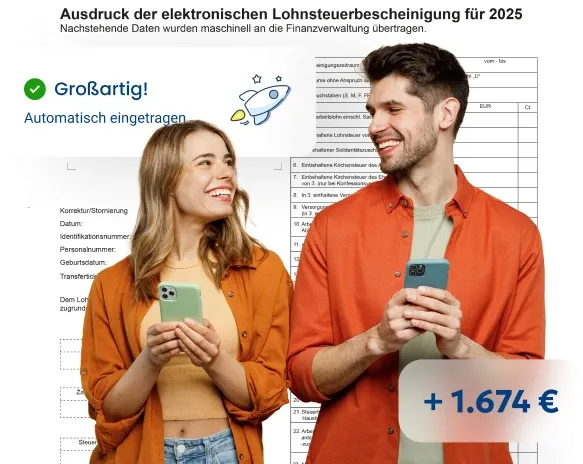 Eine Person fotografiert ein Dokument mit dem Smartphone, im Hintergrund die WISO Steuer App Oberfläche