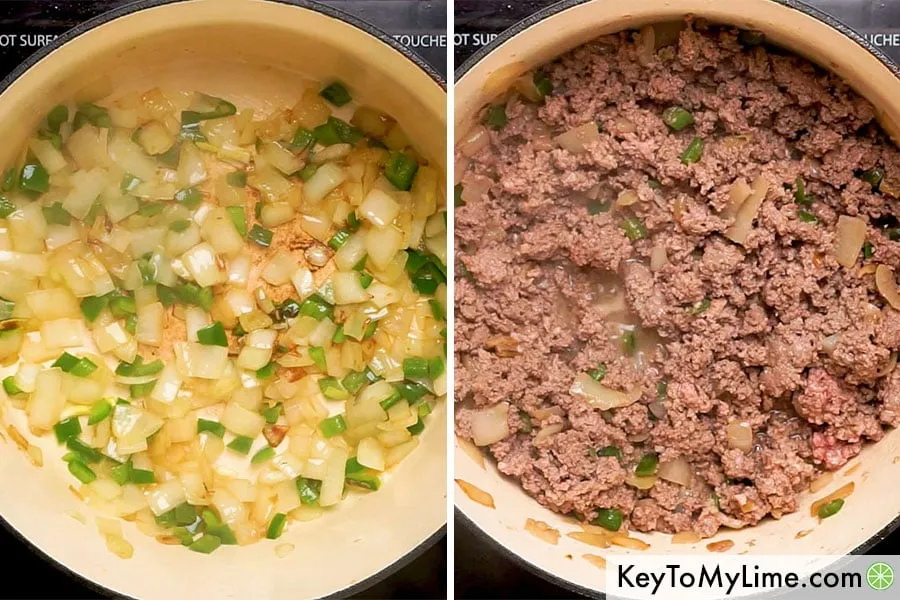 Eine Prozess-Collage, die das Anbraten von Zwiebeln, Jalapeños und Hackfleisch zeigt