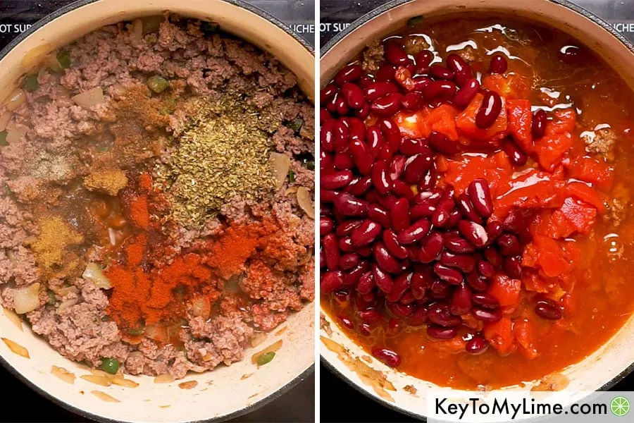 Eine Prozess-Collage, die das Hinzufügen von Gewürzen, Tomaten und Bohnen in einen Topf zeigt