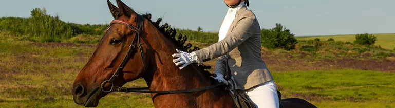 Eine Reiterin auf einem Pferd während eines Reitturniers