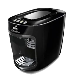 Eine rote Cafissimo MINI Kaffeemaschine mit einer Tasse Kaffee