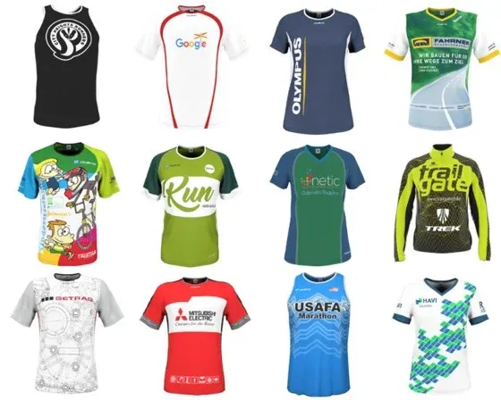 Eine Sammlung von verschiedenen maßgeschneiderten Lauftrikots von owayo, darunter Trikots mit Logos von Google, Olympus, Trek und anderen Marken.