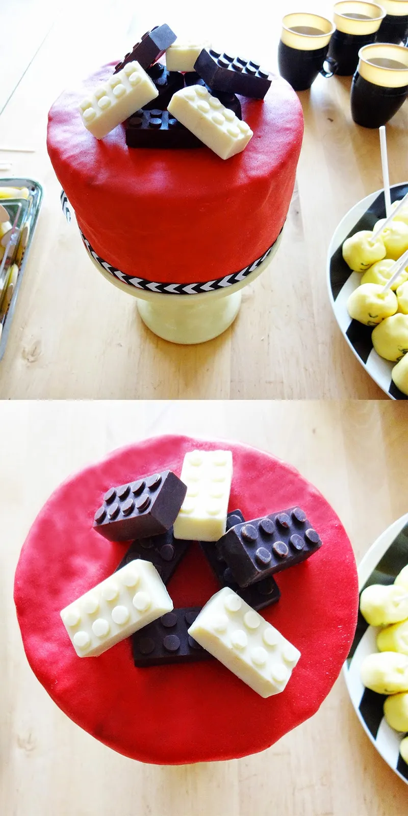 Eine Schokoladentorte, verziert mit essbaren LEGO-Steinen