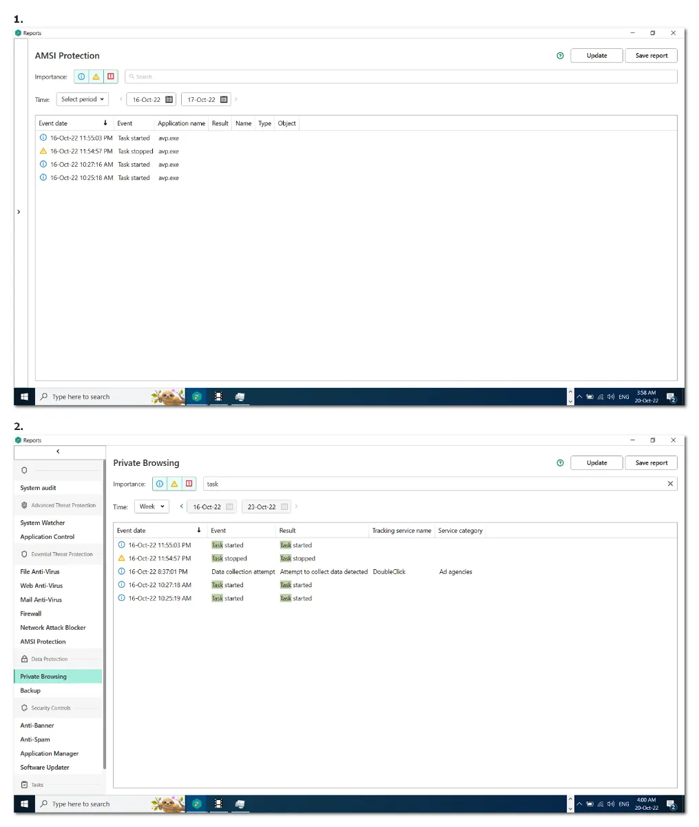 Eine Tabelle mit den Ergebnisspalten für Erkennungen und Aktionen