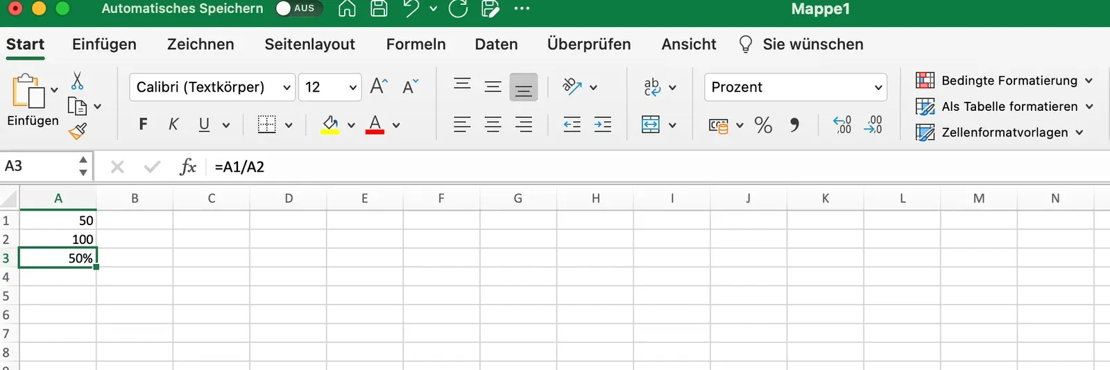Eine Tabelle zeigt eine Prozentsatzberechnung in Excel.