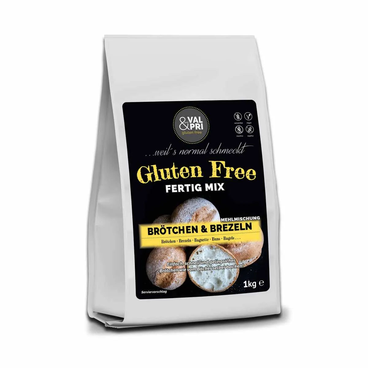 Eine Tüte Val&Pri Fertig Mix für glutenfreie Brötchen und Brezeln