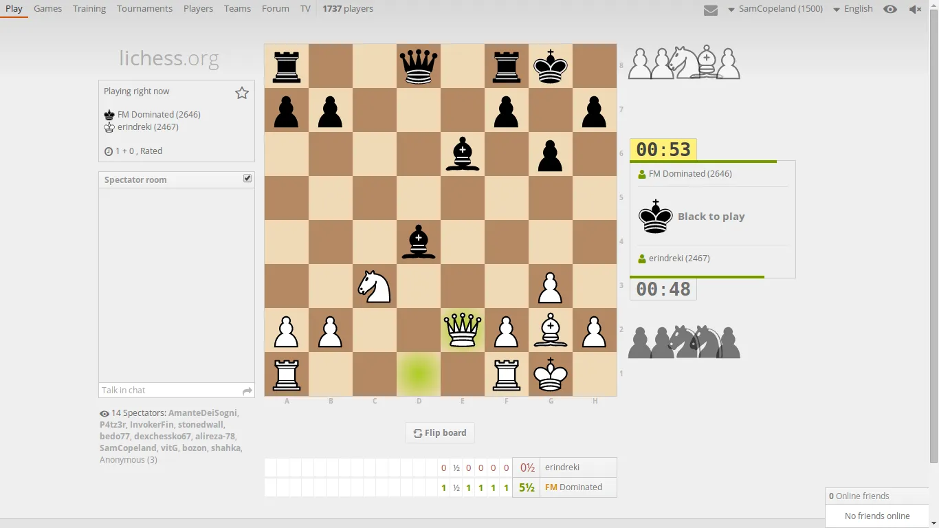 Eine übersichtliche Darstellung der Lichess Schachserver-Website mit aktiven Spielen und Spielerstatistiken
