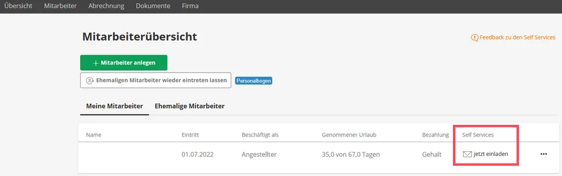 Einladung von Mitarbeitern über die Übersicht in Lexware Office