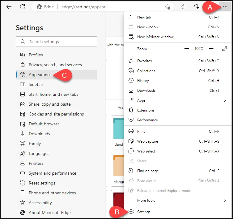 Einstellungen-Menü in Microsoft Edge