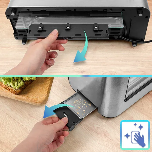 Entnehmbares Krümelfach des Duronic TB10 Toasters zur einfachen Reinigung
