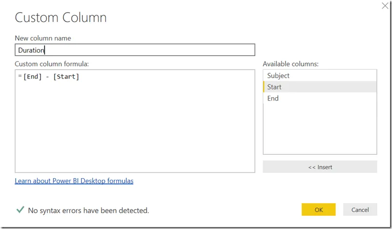 Erstellen einer benutzerdefinierten Spalte für die Dauer