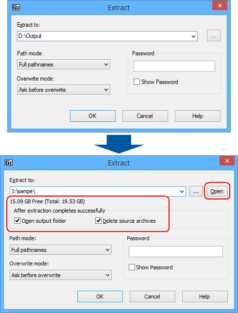 Erweiterter Extraktionsdialog