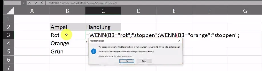 Excel-Fehlermeldung bei fehlenden Klammern in der WENN-Funktion