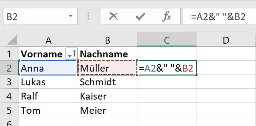 Excel-Formel zum Zusammenfügen von Texten aus zwei Spalten