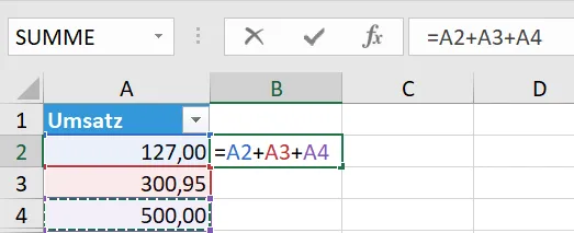 Excel-Formel zur Summenbildung von Zahlen