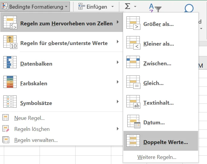Excel-Screenshot: Bedingte Formatierung zum Hervorheben doppelter Werte
