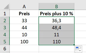 Excel-Tabelle mit berechneten Prozentwerten