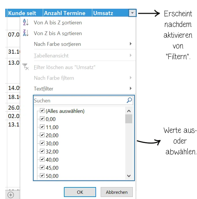 Excel-Tabelle mit Dropdown-Filtern für Spalteninhalte