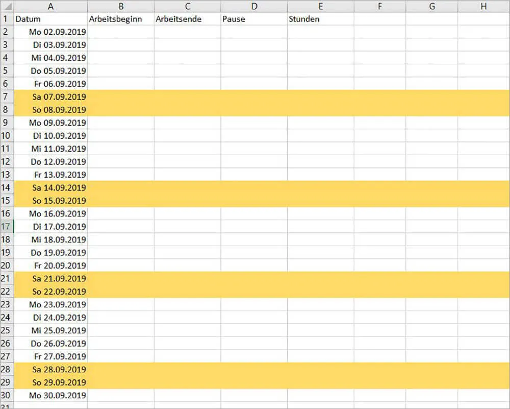 Excel-Tabelle mit farblich hervorgehobenen Wochenenden