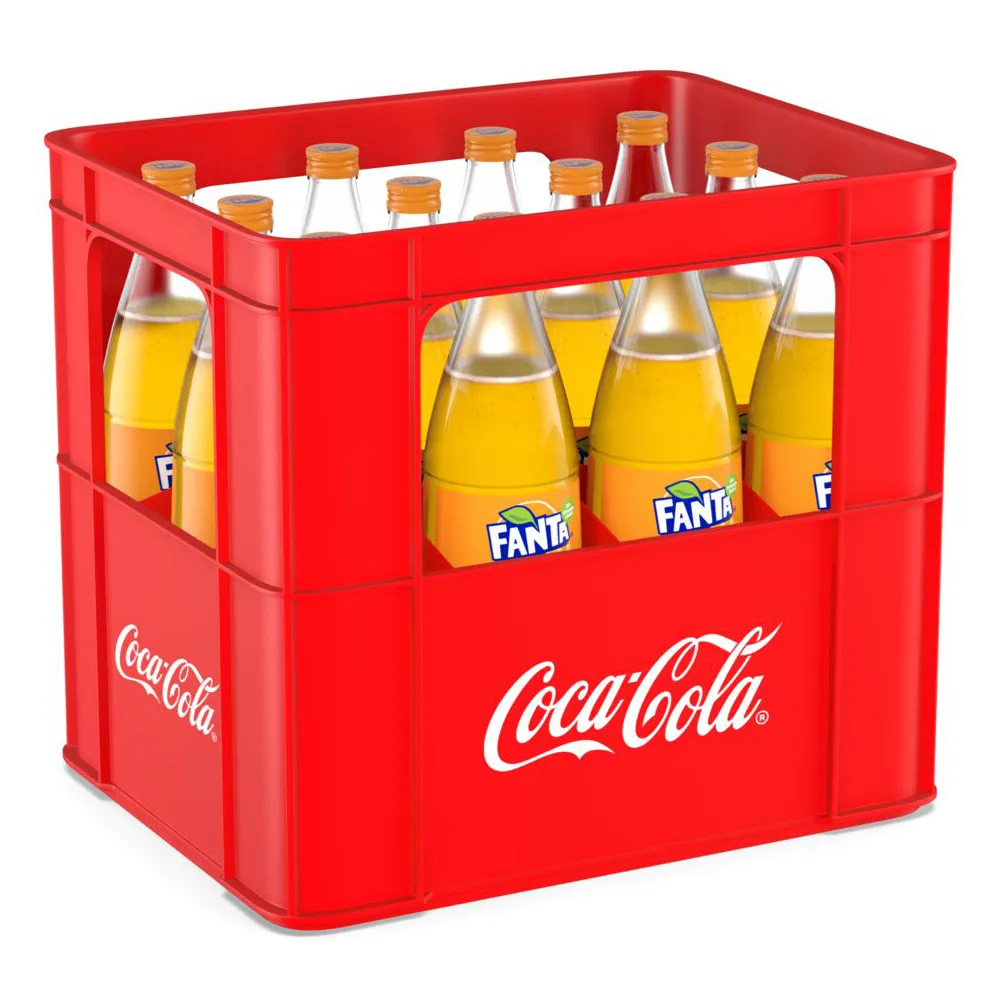 Fanta Orange in einer 1-Liter-Glasflasche mit 12 Flaschen im Kasten