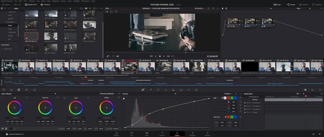 Farbkorrektur des Materials mit Nodes im Farbreiter von DaVinci Resolve