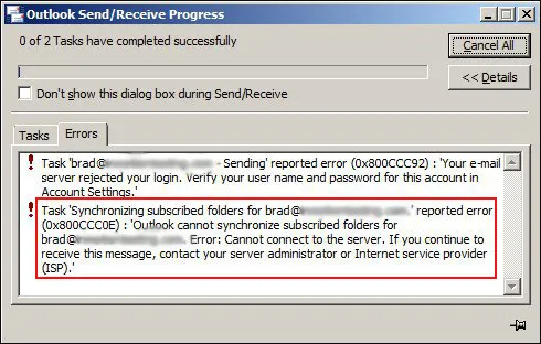 Fehlermeldung 0x800ccc0e in Outlook