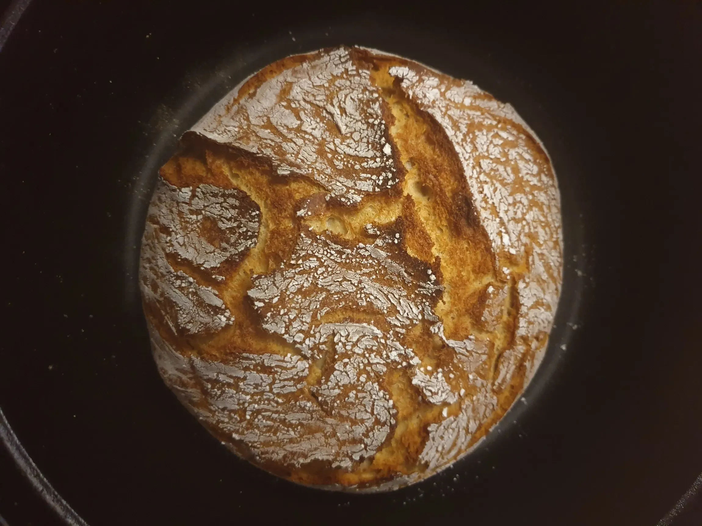 Fertig gebackenes Dinkelbrot in einem gusseisernen Topf