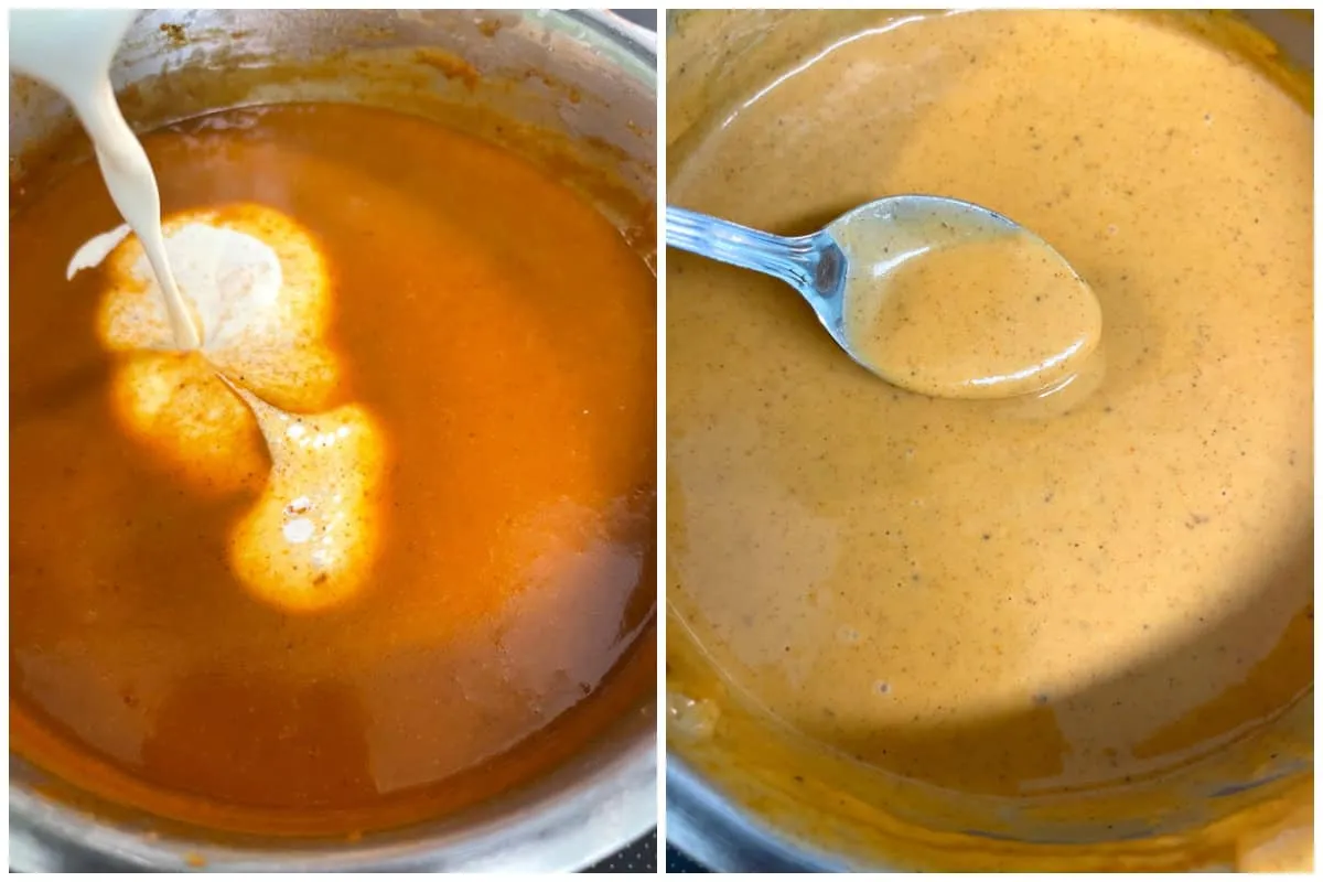 Fertig gekochte Rahmsoße in einem Topf, cremig und appetitlich