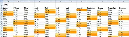 Fertiger Jahreskalender in Excel, der durch Änderung der Jahreszahl angepasst werden kann