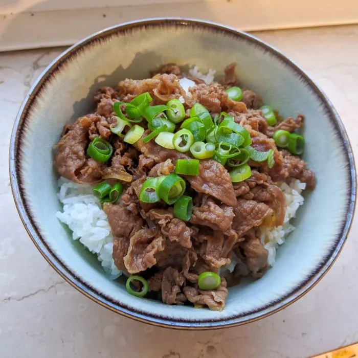 Fertiges Gyudon mit Reis und Rindfleisch in einer Schale