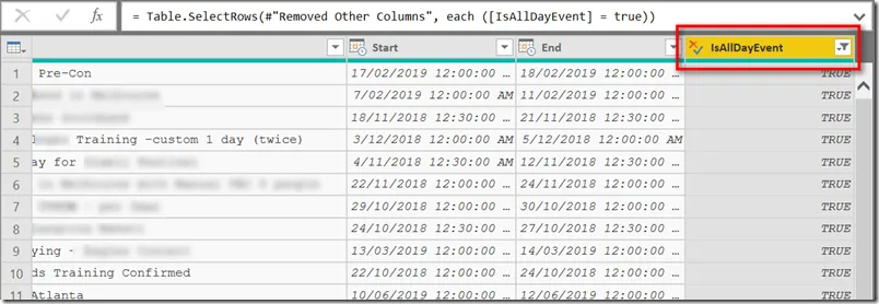 Filterung nach ganztägigen Ereignissen in Power Query