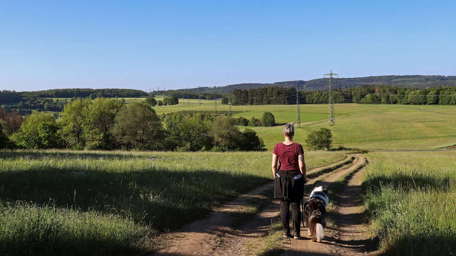 Frau geht mit ihrem Hund spazieren
