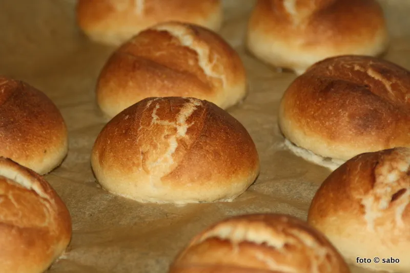 Frisch gebackene DDR-Brötchen auf dem Backblech