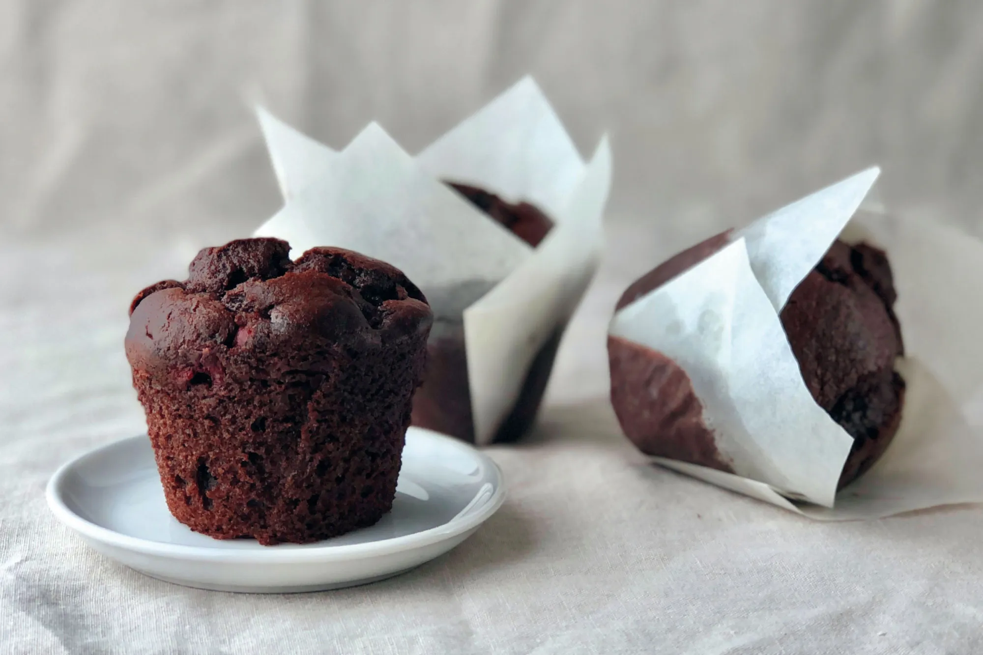 Frisch gebackene Schoko-Kirsch Muffins mit saftigen Kirschen und Schokostückchen