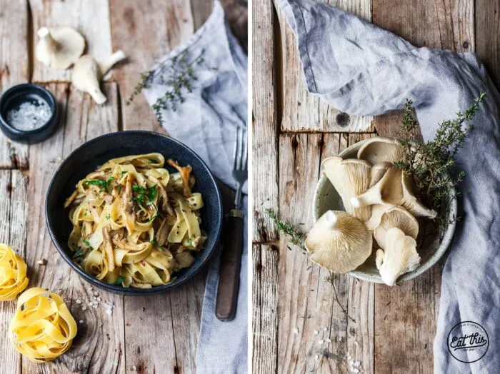 Frisch gebratene Fettuccine mit Austernpilzen und Thymian