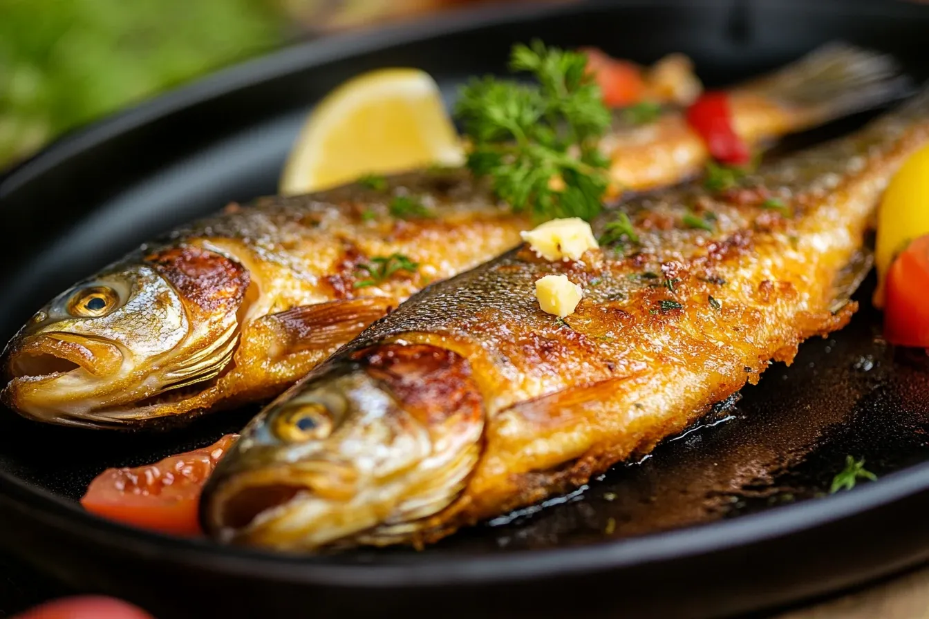 Frisch gebratene Forelle Müllerin Art mit Zitrone und Petersilie