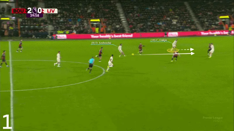 Gakpo verliert den Ball und stürzt in einen Verteidiger von Bournemouth