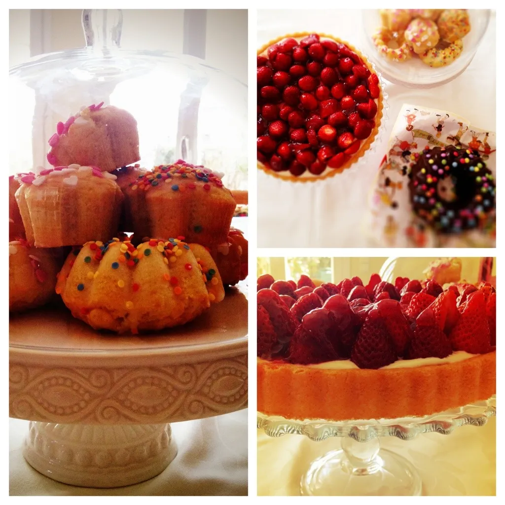 Geburtstagskuchen, Erdbeerkuchen, Muffins, Minigugl in einer Collage